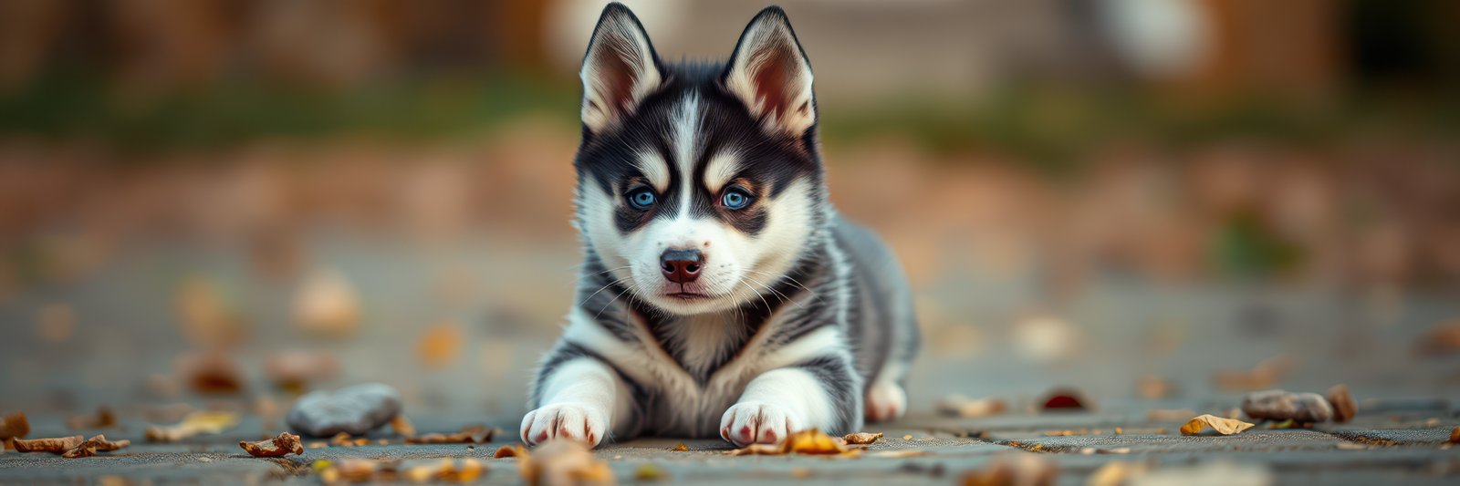 Cute husky puppy lying on path surrounded by autumn leaves in a sunny park